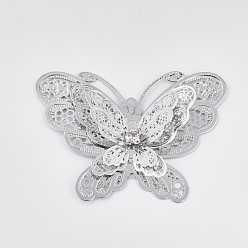 Platinum Brass Filigree Joiners Links, with Crystal Rhinestone, Butterfly, Platinum, 37x50x9mm, Hole: 1.2mm