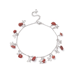 Jaspe Rouge Bracelet de cheville éclats de jaspe rouge naturel et breloques papillon, 304 bijoux en acier inoxydable pour femmes, 9~9-1/8 pouce (22.8~23 cm)
