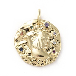Lion Micro cuivres ouvrent pendentifs zircone cubique, avec des anneaux de saut, plat rond, constellation, colorées, or, leo, 14~15x2mm, Trou: 3mm