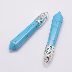 Synthetic Turquoise Synthetic Turquoise Big Pointed Pendants, with Alloy Findings, Bullet, Platinum, 57~63x13x10mm, Hole: 3x4mm