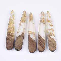 Gold Resin & Walnut Wood Pendants, with Gold Foil, Teardrop, Gold, 44x7.5x3mm, Hole: 1.2mm