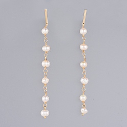 Real 18K Gold Plated Studs Earring, with Natural Freshwater Pearl and Brass Findings, Real 18K Gold Plated, 80~83mm, Pin: 0.9mm