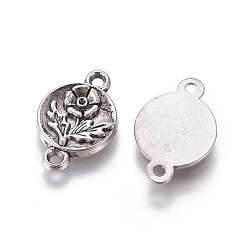 Antique Silver Alloy Pendants, Lead Free and Cadmium Free, Flat Round with Flower, Antique Silver, 17x11x2mm, Hole: 1.5mm