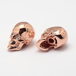 Real Rose Gold Plated Skull Brass Micro Pave Cubic Zirconia Beads, Cadmium Free & Nickel Free & Lead Free, Real Rose Gold Plated, 13x9x11mm, Hole: 1mm and 3mm