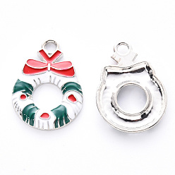 Colorful Alloy Enamel Pendants, for Christmas, Christmas Wreath with Bowknot, Platinum, Colorful, 23x16x3mm, Hole: 2mm