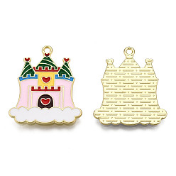 Pearl Pink Alloy Enamel Pendants, Cadmium Free & Lead Free, Castle Charms, Golden, Pearl Pink, 27x23x1.4mm, Hole: 1.6mm