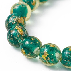 Verdemar Perlas de cristal de murano de arena de oro hecho a mano hilos, rondo, verde mar, 9~10.5 mm, agujero: 1.6~1.8 mm, sobre 30 unidades / cadena, 26~29 cm