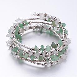 Green Five Loops Wrap Green Aventurine Beads Bracelets, with Crystal Chips Beads and Iron Spacer Beads, Green, 2 inch(52mm)