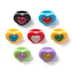Mixed Color 3D Resin Heart Finger Ring, Acrylic Wide Ring for Women Girl, Mixed Color, US Size 7 1/4(17.5mm)