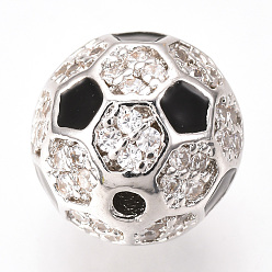 Platinum Brass Micro Pave Cubic Zirconia Beads, with Enamel, FootBall/Soccer Ball, Platinum, 9.5~10mm, Hole: 1.5mm