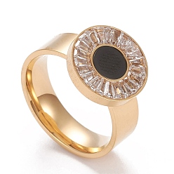 Oro 304 anillos de dedo del acero inoxidable, con un claro zirconia cúbico, plano y redondo, dorado, tamaño de 6~9, diámetro interior: 16.5~18.9 mm