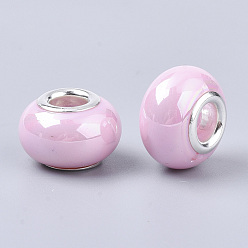 Pearl Pink Opaque Resin European Beads, Large Hole Beads, Imitation Porcelain, with Platinum Tone Brass Double Cores, AB Color, Rondelle, Pearl Pink, 14x9mm, Hole: 5mm