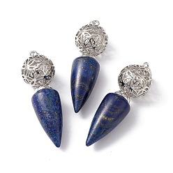Lapis Lazuli Natural Lapis Lazuli Dyed Big Pendants, Cone Charms with Rack Plating Brass Hollow Ball, Platinum, Cadmium Free & Lead Free, 57~58x17.5~18mm, Hole: 8x5mm