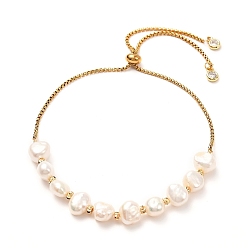 Blanco Pulsera deslizante ajustable con cuentas de perlas naturales para regalo de mujer y niña, encantos de bronce, 304 brazalete de cadena de caja de circonita cúbica de acero inoxidable, blanco, 0.79~3.23 pulgada (20~82 mm)