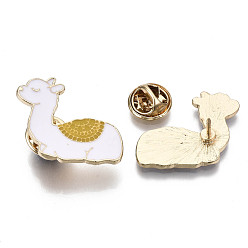 White Alloy Brooches, Enamel Pin, with Brass Butterfly Clutches, Llama/Alpaca, Light Gold, White, 22.5x27x2mm, Pin: 1mm