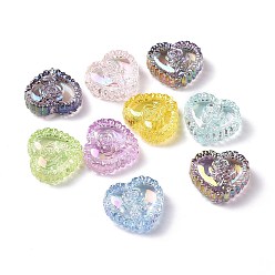 Mixed Color UV Plating Rainbow Iridescent Acrylic Beads, Heart with Rose, Mixed Color, 27.5x25x9.5mm, Hole: 3.2mm