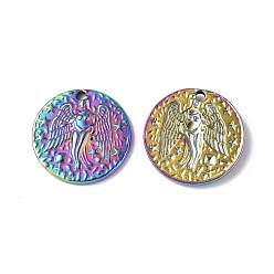 Rainbow Color Ion Plating(IP) 304 Stainless Steel Pendants, Textured, Flat Round with Angel Charm, Rainbow Color, 20x2.5mm, Hole: 1.8mm