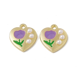 Pourpre Moyen Pendentifs en plastique imitation perle abs, avec apprêts en alliage doré et émail, coeur avec breloque fleur, support violet, 15x14x4mm, Trou: 1.6mm