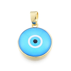 Deep Sky Blue Glass Pendants, with Golden Plated Brass Findings, Flat Round with Evil Eye, Deep Sky Blue, 19x16.5x5mm, Hole: 5x3.5mm