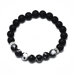 Black Agate Natural Black Agate Beads Stretch Bracelets, with Synthetic Lava Rock Beads and Alloy Beads, Round, Inner Diameter: 2-1/8 inch(5.5cm), Beads: 8.5mm