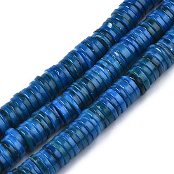 Marine Blue Natural Freshwater Shell Beads Strands, Dyed, Heishi Beads, Flat Round/Disc, Marine Blue, 8x1~2.5mm, Hole: 0.8mm, about 196~210pcs/strand, 15.16 inch~15.43 inch(38.5cm~39.2cm)