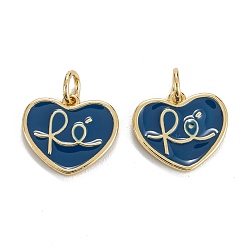 Marine Blue Brass Enamel Charms, Real 18K Gold Plated, Long-Lasting Plated, Heart with RE, Marine Blue, 12x13.5x1.5mm, Hole: 3mm, Jump Ring: 5x0.8mm