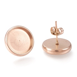 Rose Gold Ion Plating(IP) 304 Stainless Steel Stud Earring Settings, with Ear Nuts, Flat Round, Rose Gold, Tray: 12mm, 14mm, Pin: 0.8mm