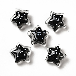 Noir Des billes de verre transparentes, avec motif à pois, étoiles, noir, 13x13x6.5mm, Trou: 1mm