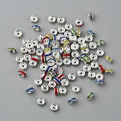 Mixed Color Brass Grade A Rhinestone Spacer Beads, Silver Color Plated, Nickel Free, Mixed Color, 8x3.8mm, Hole: 1.5mm