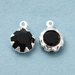 Black Eco-Friendly Glass Charms, with Brass Findings, Long-Lasting Plated, Cadmium Free & Lead Free, Flat Round, 925 Sterling Silver Plated, Black, 9x6.5x3mm, Hole: 1mm