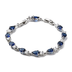 Medium Blue Noble Gift Ideas for Lady Platinum Plated Brass Micro Pave Cubic Zirconia CZ Teardrop Link Chain Bracelets, with Watch Band Clasps, Medium Blue, 180x6mm