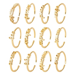 Real 18K Gold Plated 12Pcs 12 Style Brass Cuff Rings, Open Rings, Constellation Word, Real 18K Gold Plated, US Size 7 1/4(17.5mm), 1pc/style