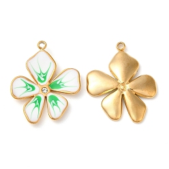 Lime Green 304 Stainless Steel Enamel Pendants, with Rhinestones, Real 18K Gold Plated, Flower Charm, Lime Green, 21.5x17x2.5mm, Hole: 1.5mm