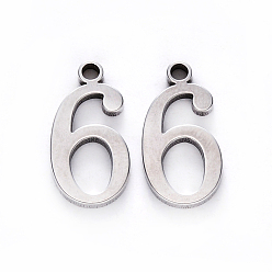 Number 201 Stainless Steel Charms, Number, Laser Cut, Stainless Steel Color, Num.6, 15x8x1.5mm, Hole: 1.5mm