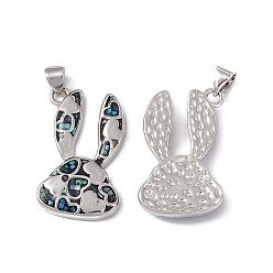 Black Natural Shell Pendants, Rabbit Charms with Heart, Dyed, with Rack Plating Platinum Tone Brass Findings, Long-Lasting Plated, Black, 26x16.5x4mm, Hole: 4.5x3.5mm
