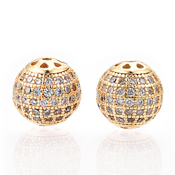 Real 18K Gold Plated 925 Sterling Silver Micro Pave Cubic Zirconia Beads, Round, Nickel Free, Real 18K Gold Plated, 8mm, Hole: 1mm