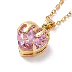 Pink Cubic Zirconia Heart Pendant Necklace with 304 Stainless Steel Cable Chains for Women, Pink, 16.42 inch(41.7cm)