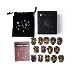 Noir Runes de sorcière en bois, symbole gitan gravé pour la divination de la méditation, avec sac en tissu de rangement à cordon et boîte à motif de déesse triple lune, noir, rune de bois : 35x25x4mm, 14 pcs