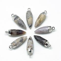 Flower Agate Natural Flower Agate Pointed Pendants, with Brass Findings, Faceted, Dyed, Bullet, Platinum, 25~27x8mm, Hole: 2mm