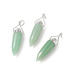 Green Aventurine Natural Green Aventurine Pointed Big Pendants, with Jump Ring, Bullet Charms with Platinum Plated Brass Findings, 51~52x11.7~12.3mm, Hole: 6mm
