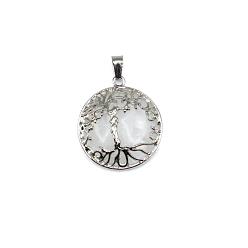 Quartz Crystal Natural Quartz Crystal Pendants, Rock Crystal Pendants, Tree of Life Charms with Platinum Plated Alloy Findings, 31x27mm