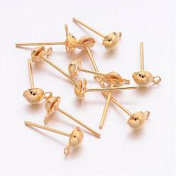 Golden Iron Post Ear Studs, with Loop, Half Ball, Gold Plated, 13mm long, hole: 1mm, half ball: 4.3mm in diameter