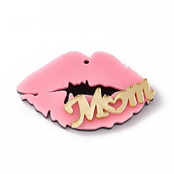Pink Mother's Day Acrylic Pendants, Lip with Word Mom Charms, Pink, 26x44.5x5.8mm, Hole: 1.6mm