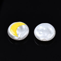 Jaune 3d perles d'imitation en plastique ABS imprimées, plat rond avec la lune, jaune, 12x5mm, Trou: 1.5mm