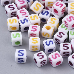 Letter S White Opaque Acrylic Beads, Horizontal Hole, Cube with Mixed Color Letter, Letter.S, 5x5x5mm, Hole: 2mm, about 5000pcs/500g