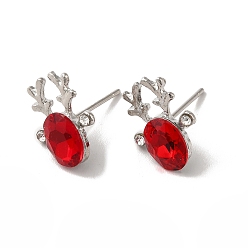 Red Christmas Deer Head Alloy Glass Stud Earrings for Women, with 304 Stainless Steel Pin, Cadmium Free & Nickel Free & Lead Free, Red, 14x10.5mm, Pin: 0.7mm