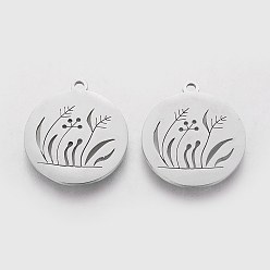 Stainless Steel Color 201 Stainless Steel Pendants, Flat Round with Plant pattern, Stainless Steel Color, 20x18x1.1mm, Hole: 1.5mm
