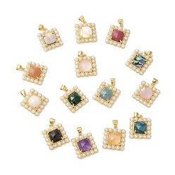 Mixed Stone Natural Mixed Gemstone Pendant, with Real 14K Gold Plated Brass Finding and Plastic Pearl Beaded, Square Charms, 20x17x6mm, Hole: 4x3mm
