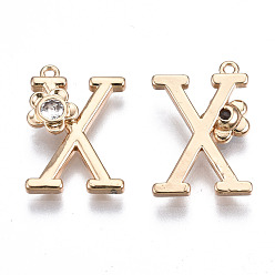 Letter X Brass Pendants, with Rhinestones, Alphabet, Golden, Letter.X, 18x12x2.5mm, Hole: 1mm