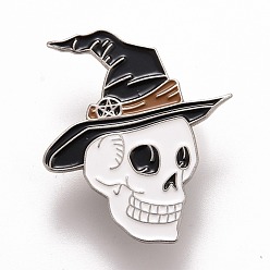 Black Skull with Witch Hat Enamel Pin, Halloween Alloy Badge for Backpack Clothes, Platinum, Black, 35x30x1.5mm, Pin: 1.2mm